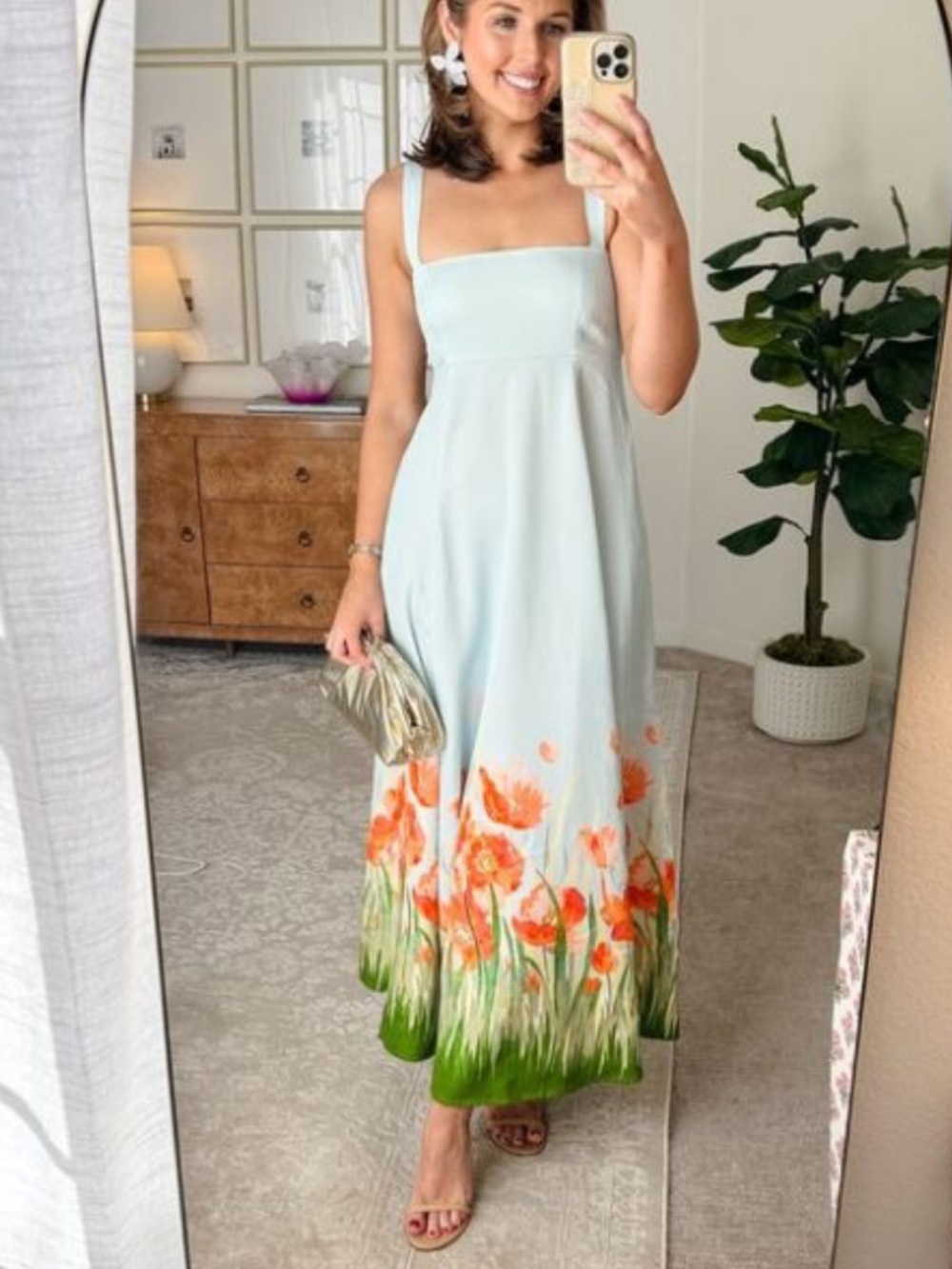 Hill House Rowena - Light Blue Floral Maxi Dress with Orange Poppy Print